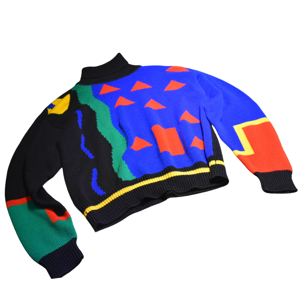 Vintage 80s Colorful Geometric Turtle Acrylic Neck Sweater Size Small - Picture 7 of 8